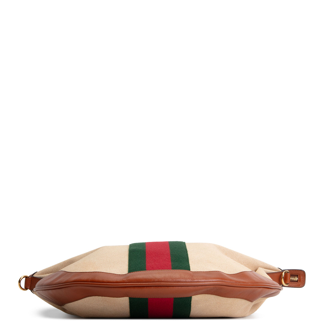 GUCCI Vintage Canvas Calfskin Web Ophidia Half Moon Hobo - Sand Light Cuir
