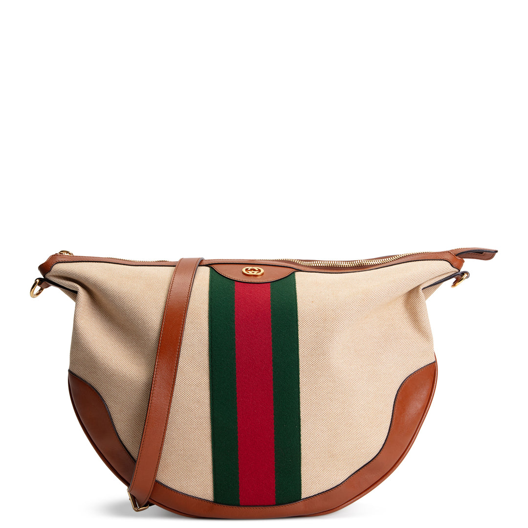 GUCCI Vintage Canvas Calfskin Web Ophidia Half Moon Hobo - Sand Light Cuir