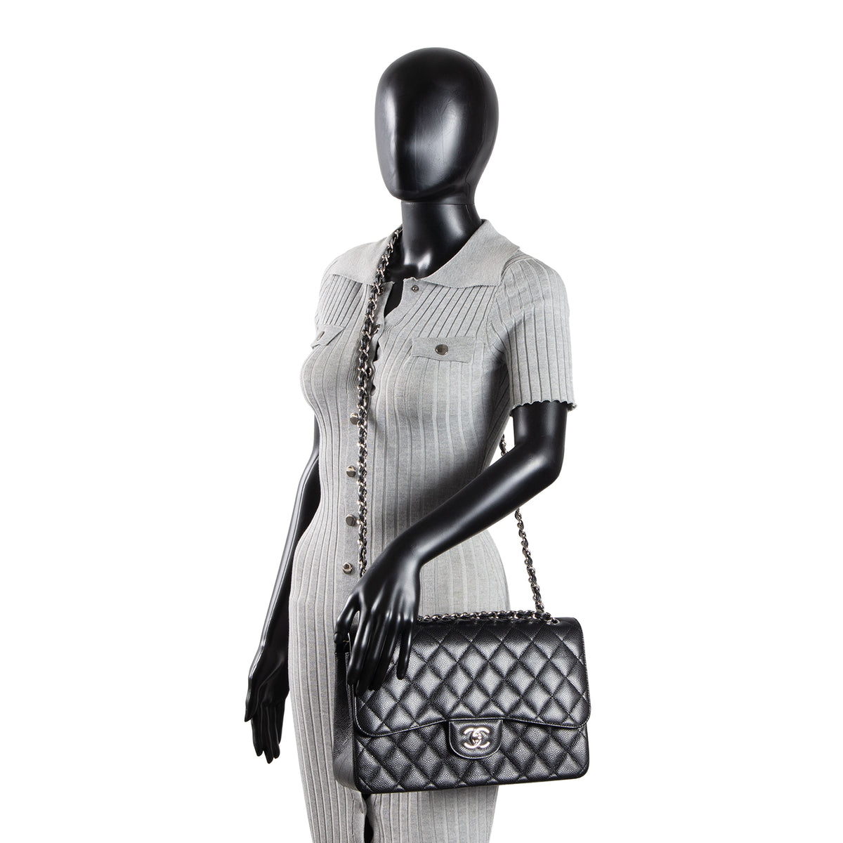 CHANEL Jumbo Double Flap - Quilted Caviar - Black
