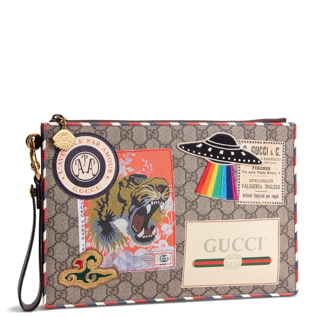 GUCCI GG Supreme Patchwork Courier Wristlet - Beige & Ebony