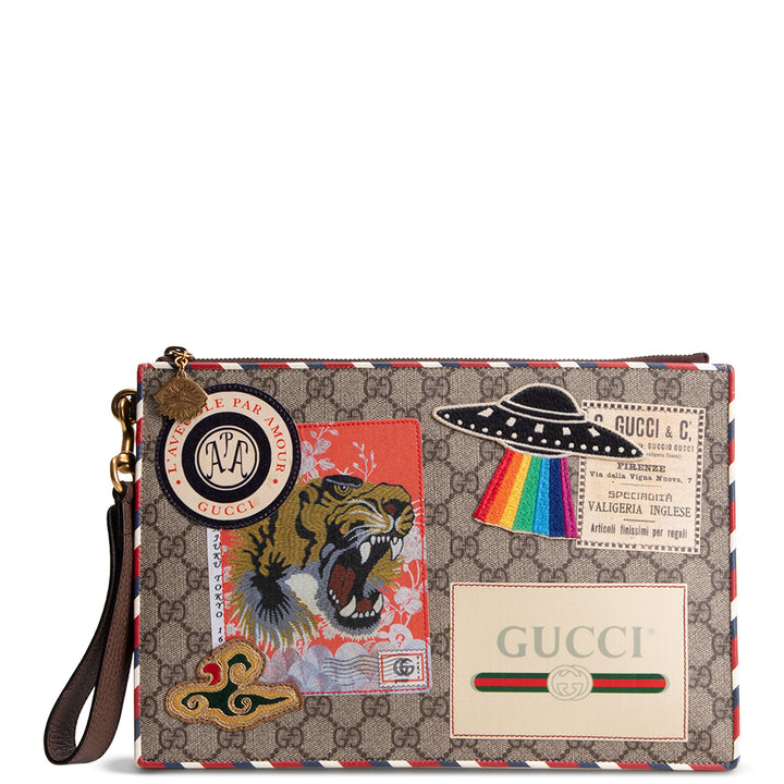 GUCCI GG Supreme Patchwork Courier Wristlet - Beige & Ebony