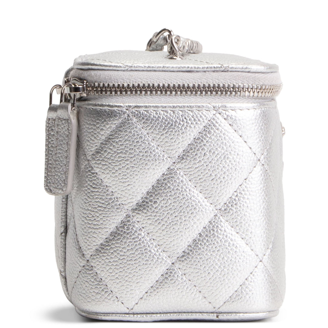 CHANEL Small Vanity Case - Metallic Silver Quilted Caviar