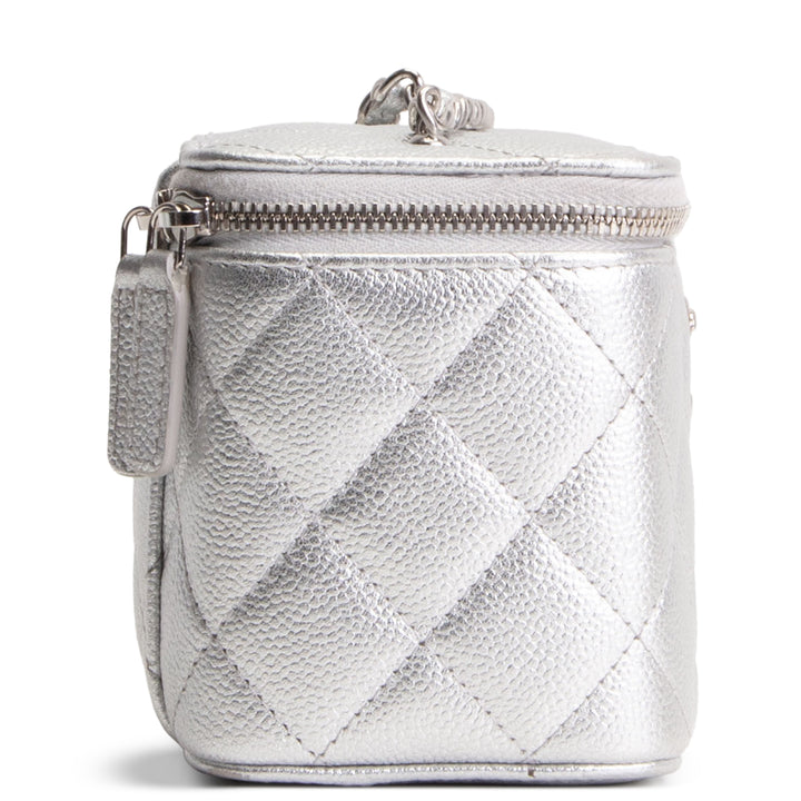 CHANEL Small Vanity Case - Metallic Silver Quilted Caviar