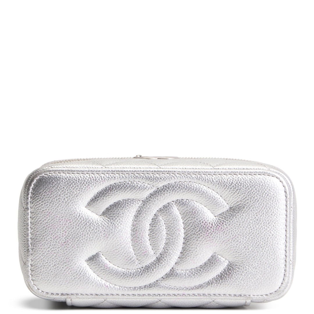 CHANEL Small Vanity Case - Metallic Silver Quilted Caviar