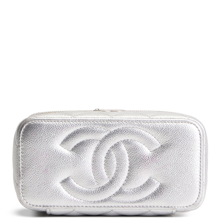 CHANEL Small Vanity Case - Metallic Silver Quilted Caviar