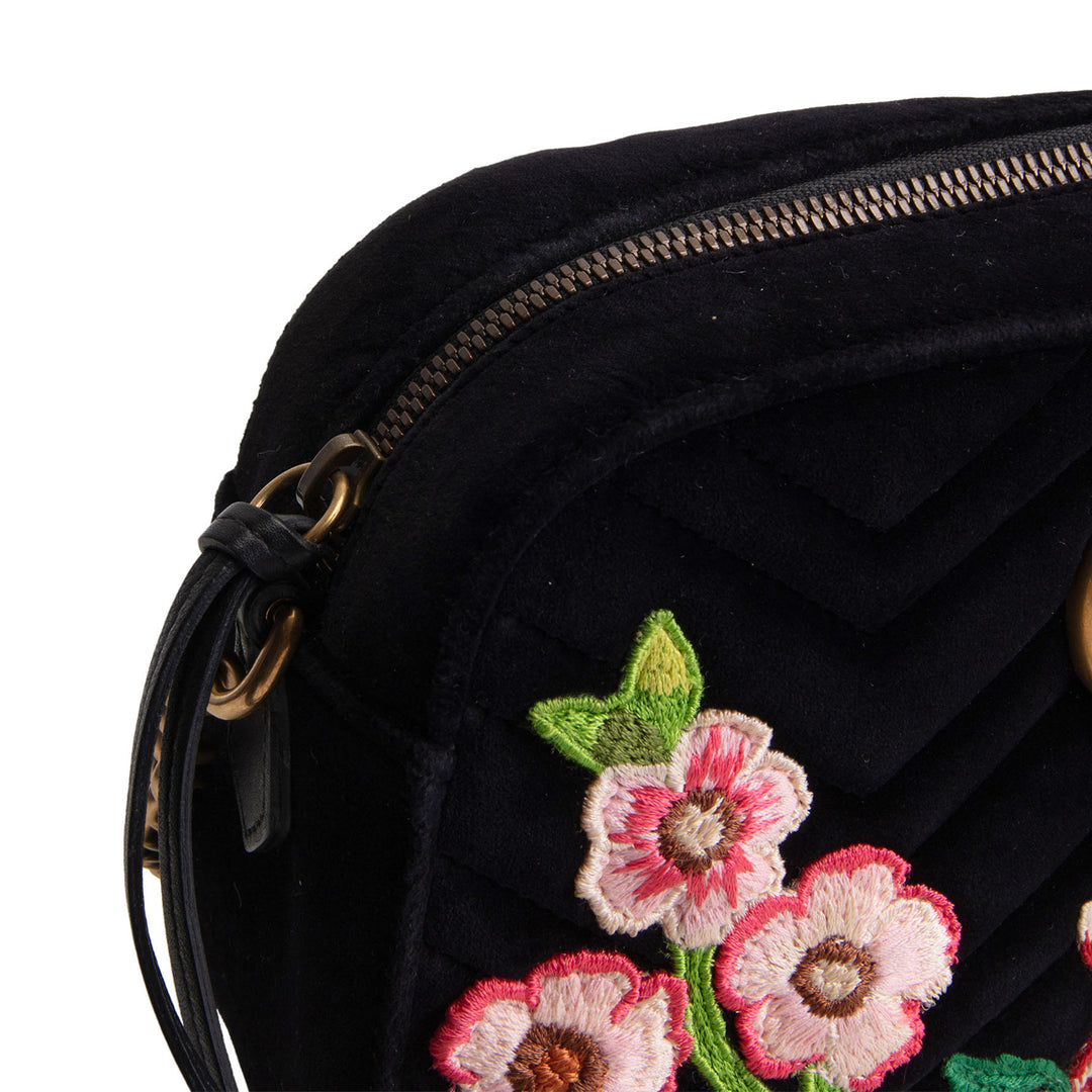 GUCCI Velvet GG Marmont Camera Bag w/ Embroidered Deer - Black