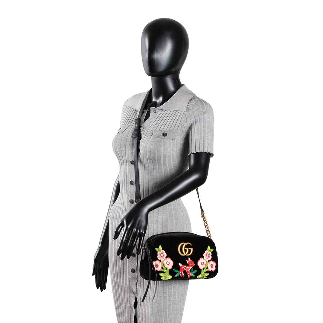 GUCCI Velvet GG Marmont Camera Bag w/ Embroidered Deer - Black