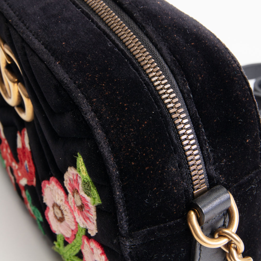 GUCCI Velvet GG Marmont Camera Bag w/ Embroidered Deer - Black