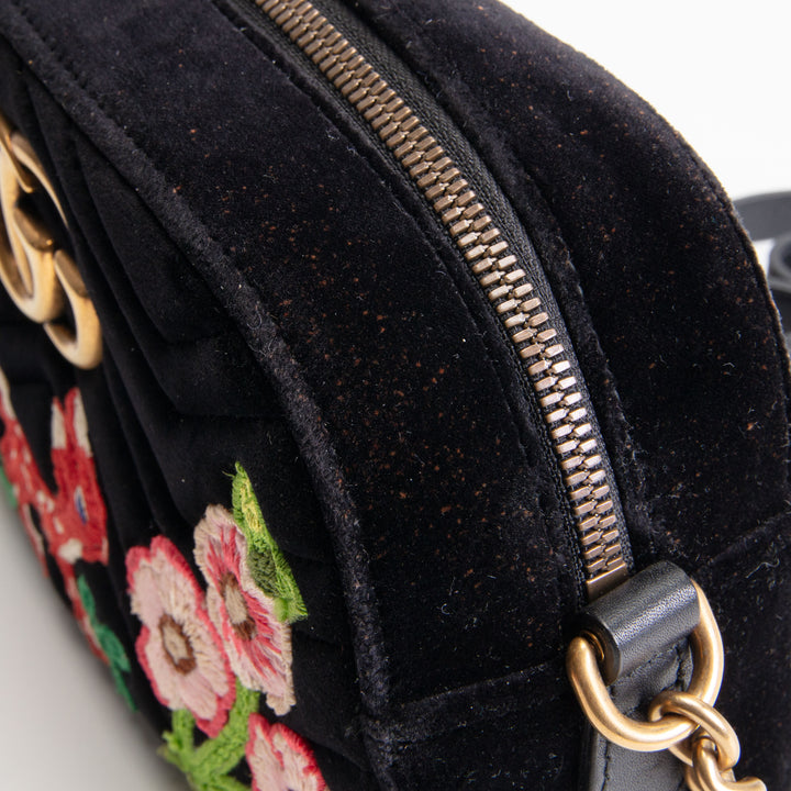 GUCCI Velvet GG Marmont Camera Bag w/ Embroidered Deer - Black