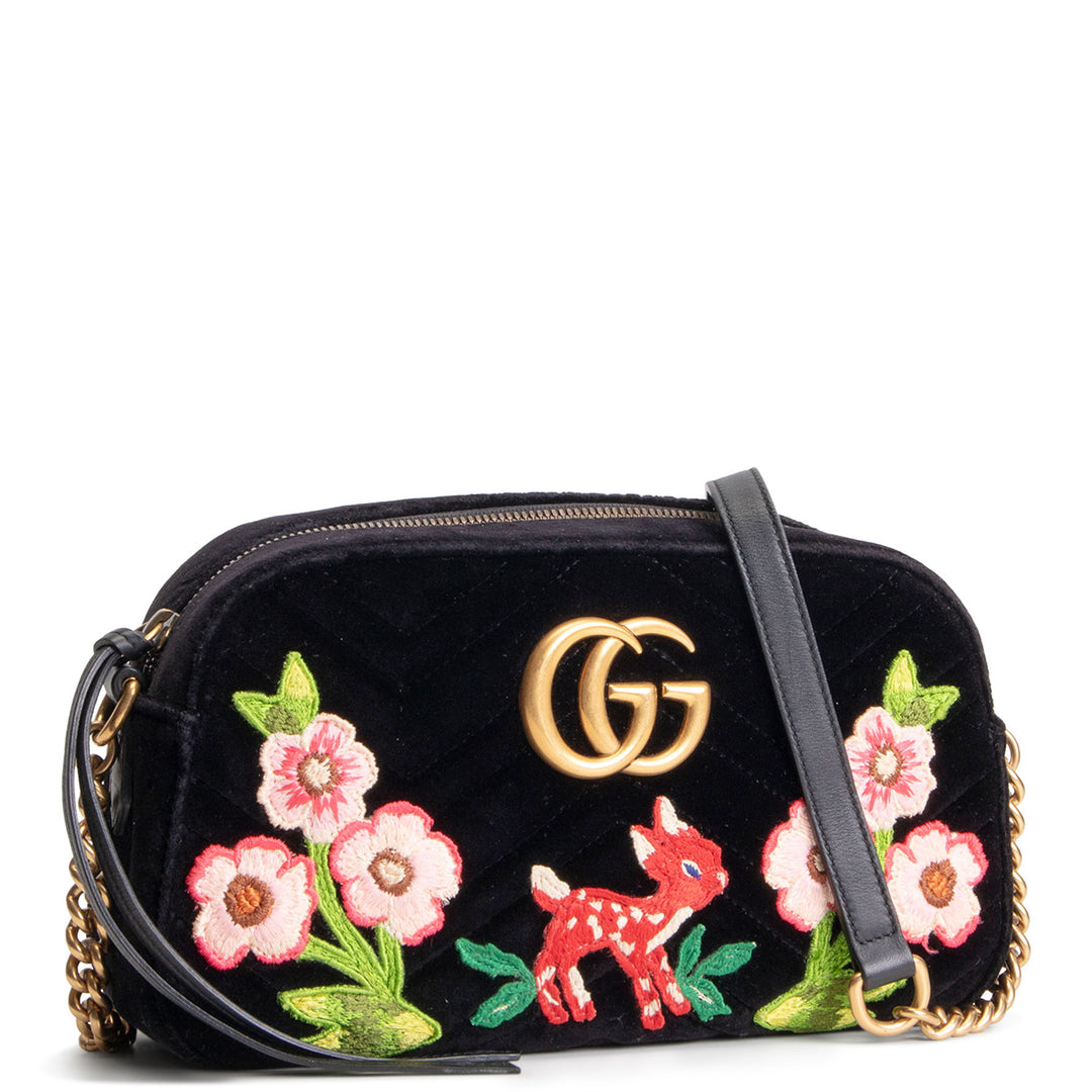 GUCCI Velvet GG Marmont Camera Bag w/ Embroidered Deer - Black