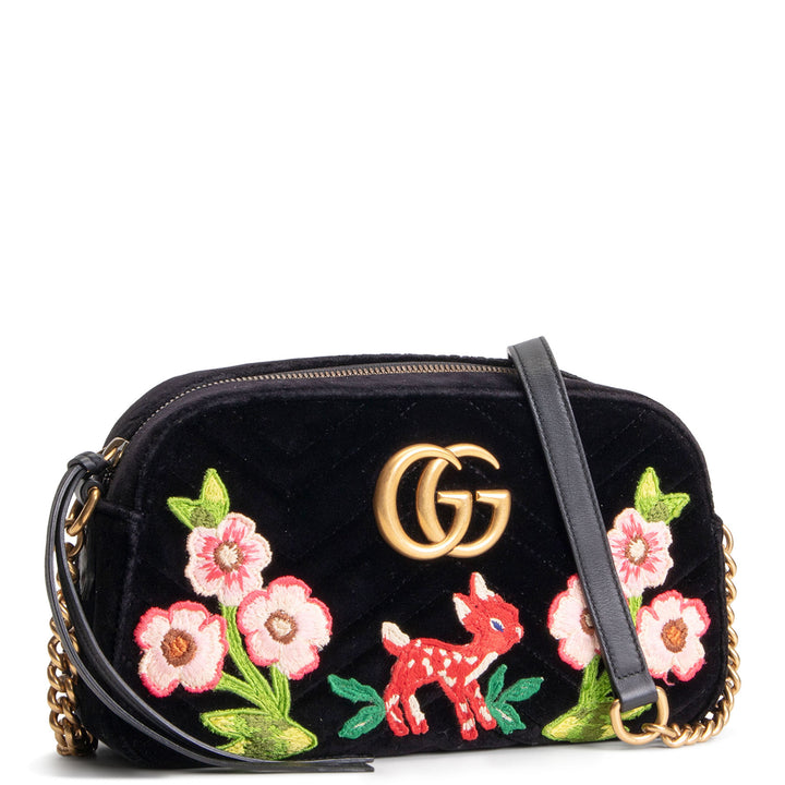 GUCCI Velvet GG Marmont Camera Bag w/ Embroidered Deer - Black