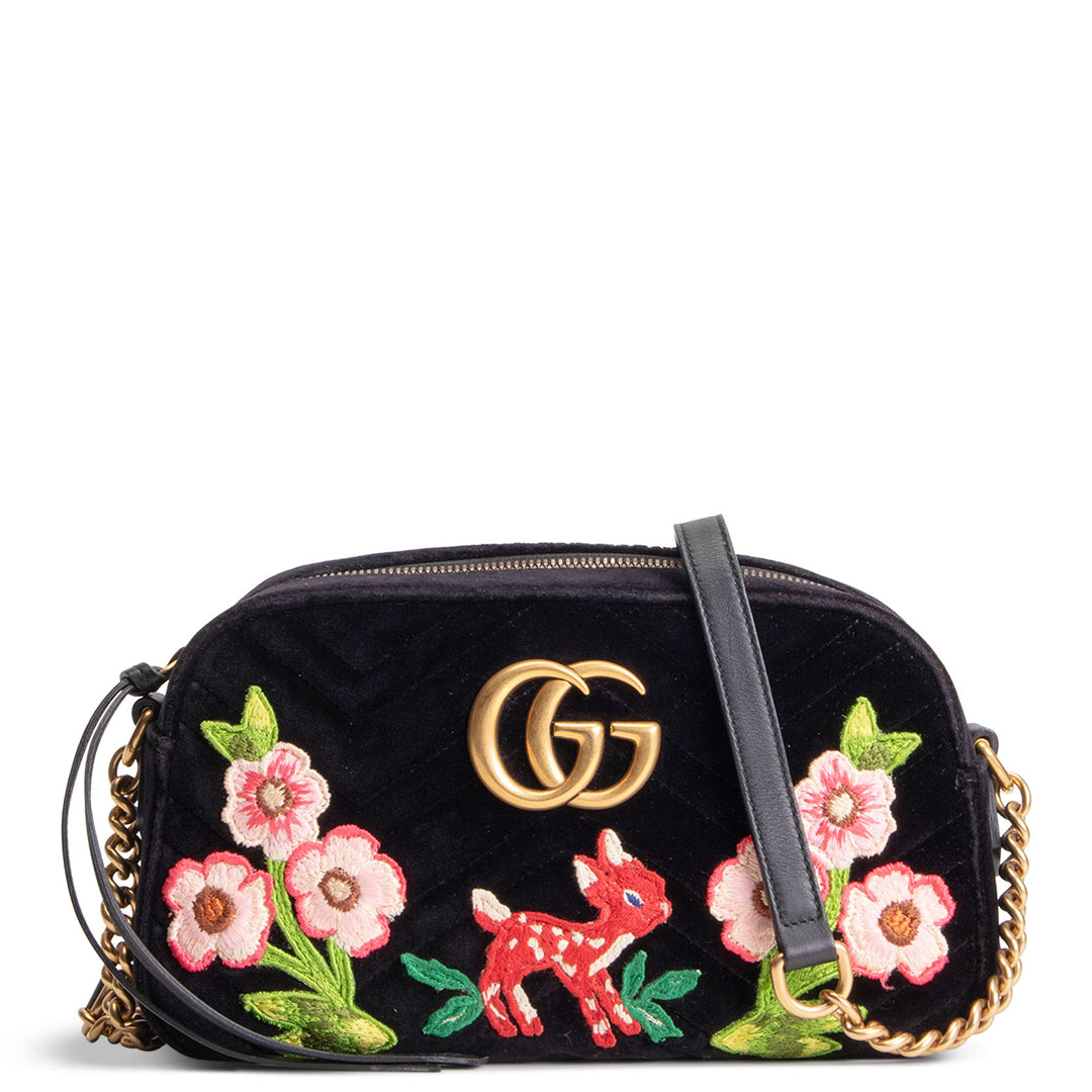 GUCCI Velvet GG Marmont Camera Bag w/ Embroidered Deer - Black