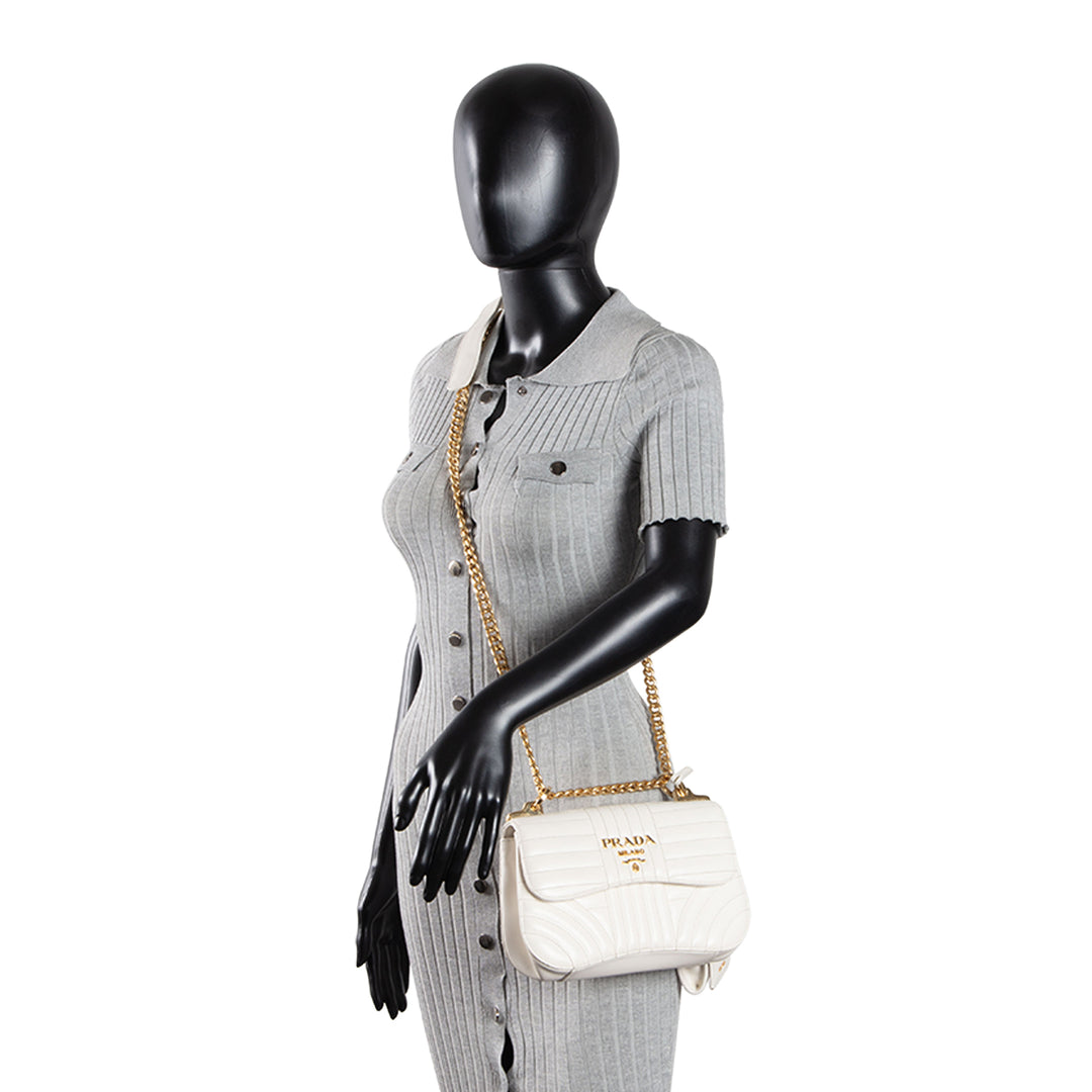 PRADA Curve Flap Diagramme Quilted Leather Bag - White