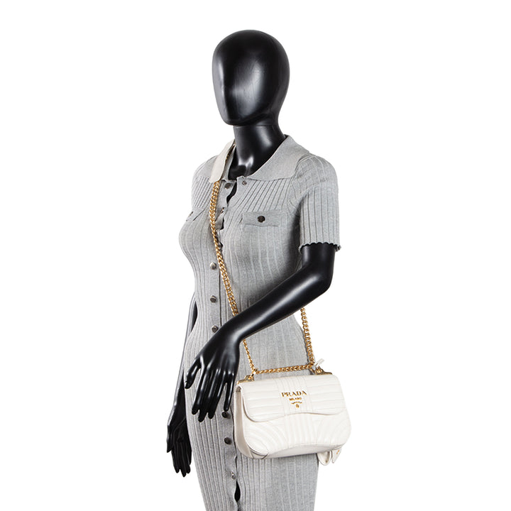 PRADA Curve Flap Diagramme Quilted Leather Bag - White