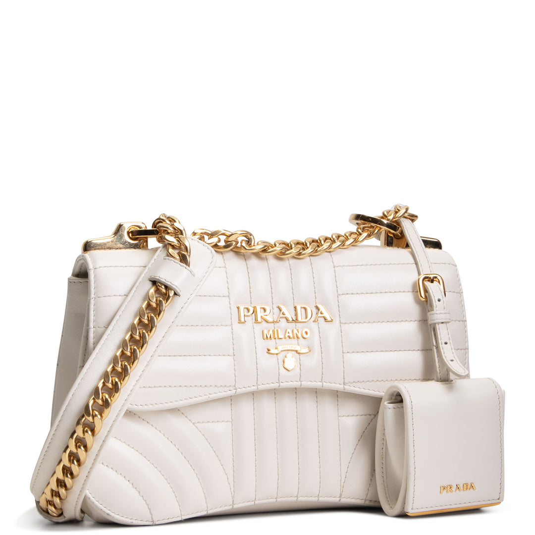 PRADA Curve Flap Diagramme Quilted Leather Bag - White