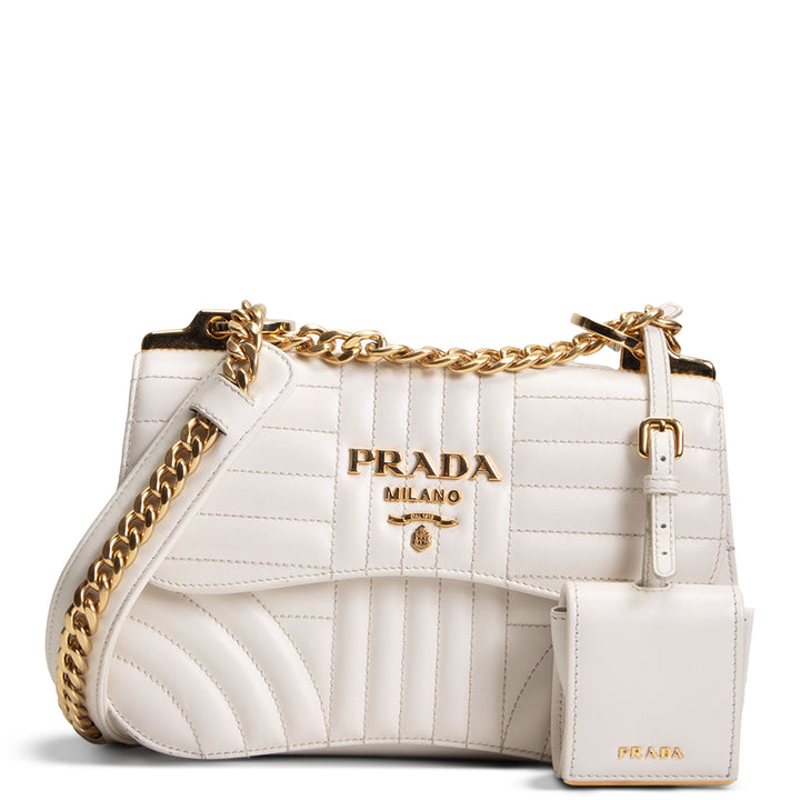 PRADA Curve Flap Diagramme Quilted Leather Bag - White