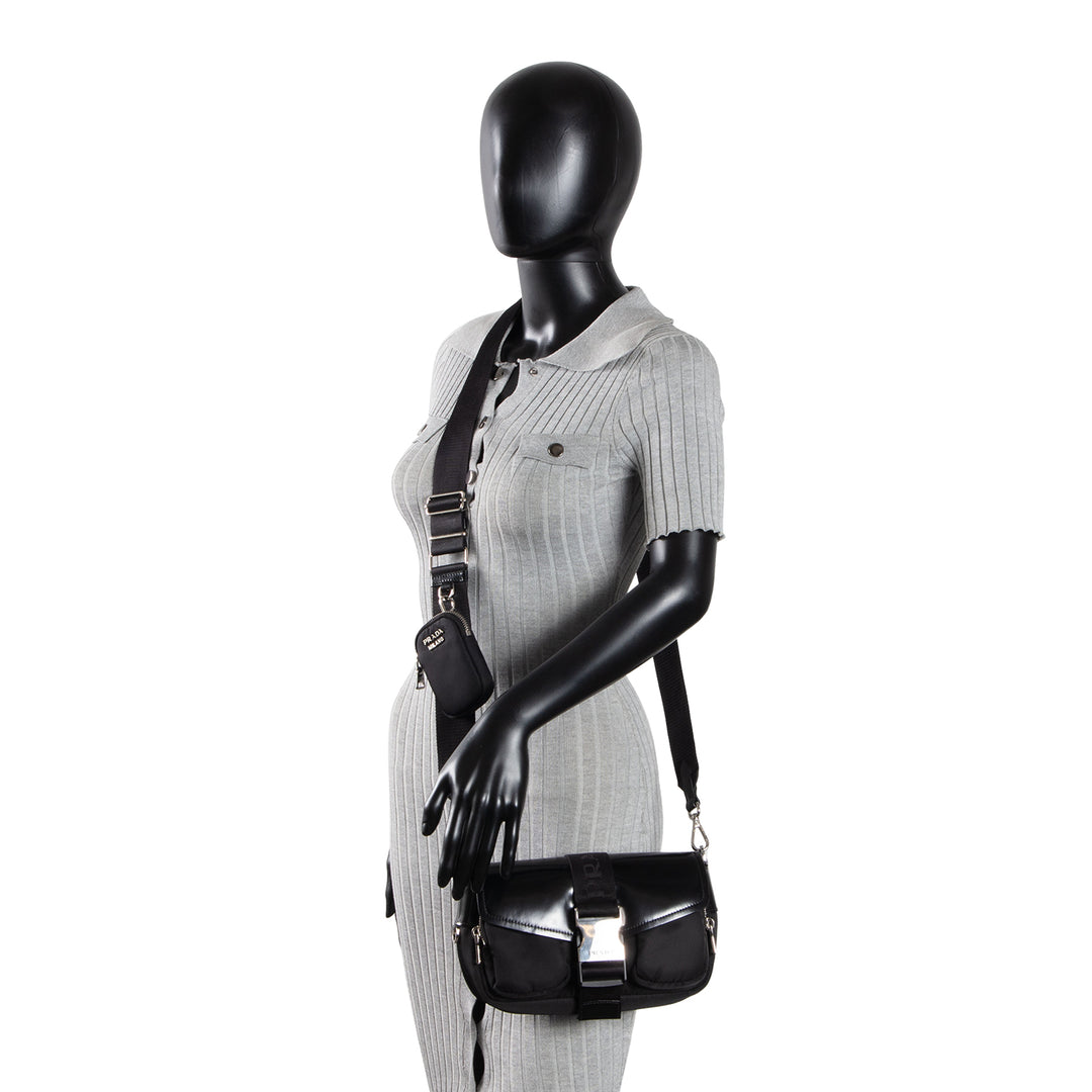PRADA Tessuto & Spazzolata Buckle Pocket Crossbody - Black