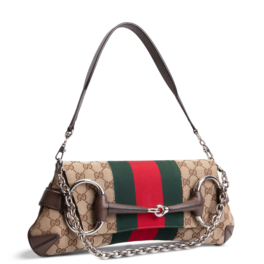 GUCCI GG Canvas Medium Horsebit Chain Shoulder Bag - Beige & Ebony