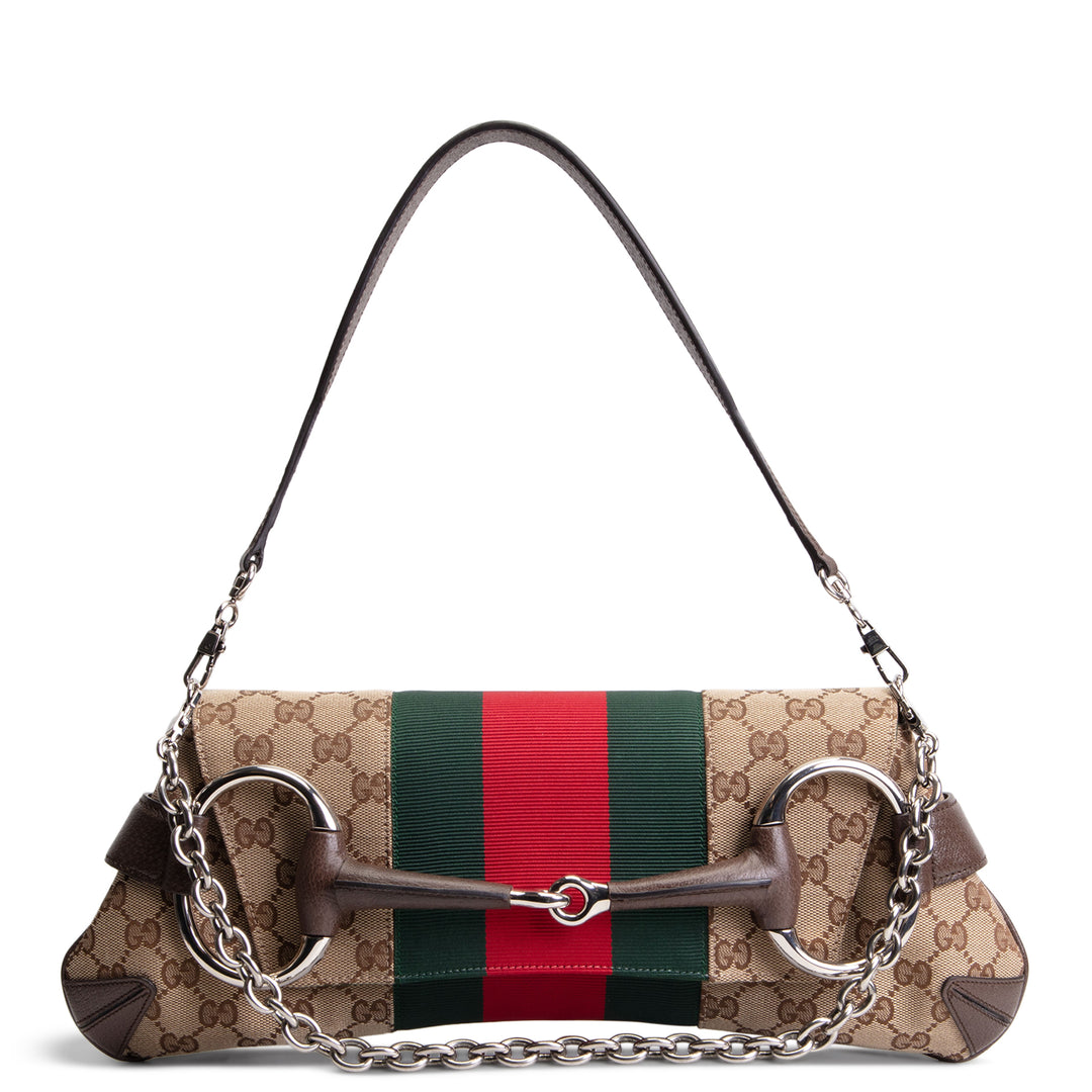 GUCCI GG Canvas Medium Horsebit Chain Shoulder Bag - Beige & Ebony