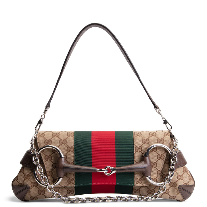 GUCCI GG Canvas Medium Horsebit Chain Shoulder Bag - Beige & Ebony