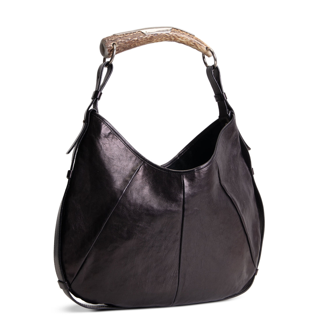 SAINT LAURENT Leather Mombosa Horn Hobo - Black