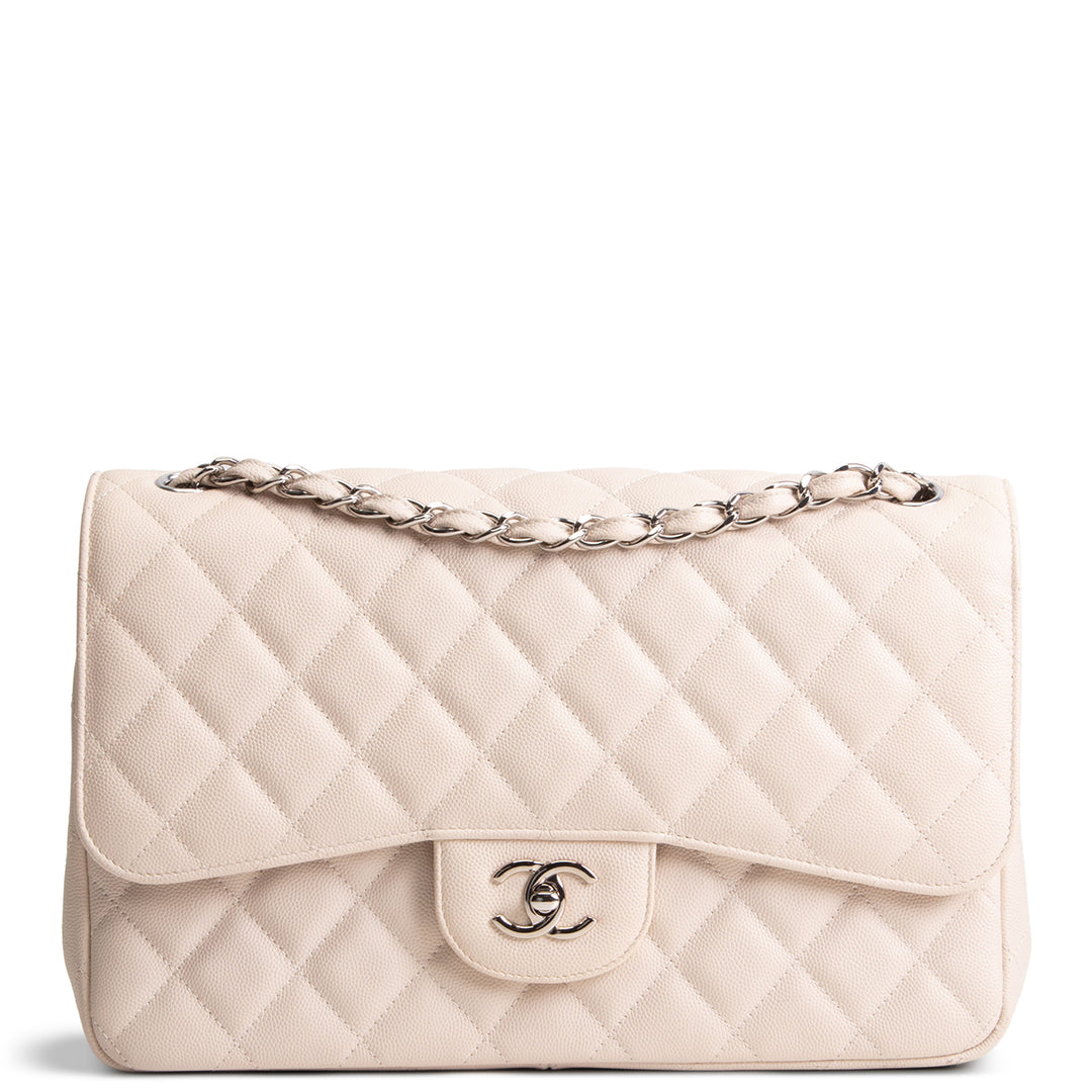 CHANEL Caviar Jumbo Double Flap Bag - Light Beige