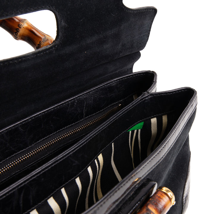 GUCCI Suede Bamboo Peggy Shoulder Bag - Black OUTLET FINAL SALE
