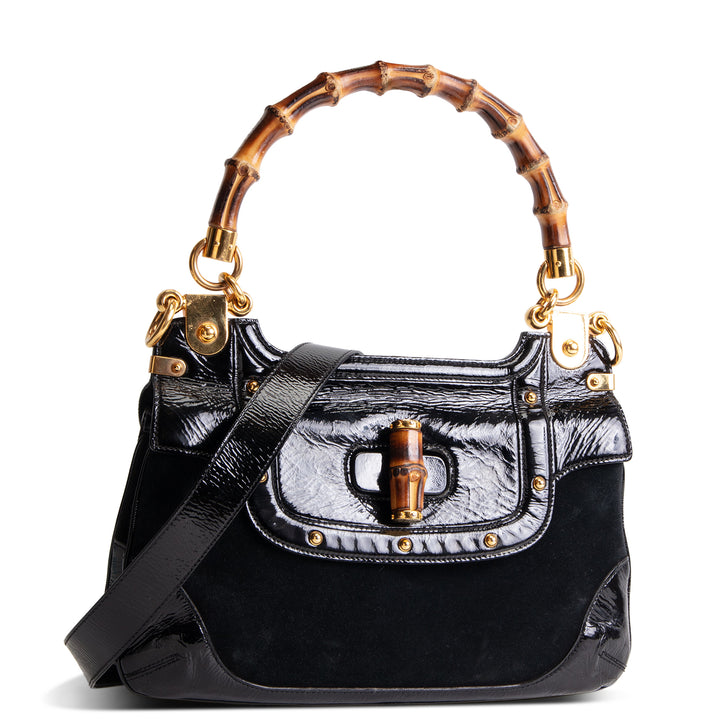 GUCCI Suede Bamboo Peggy Shoulder Bag - Black OUTLET FINAL SALE