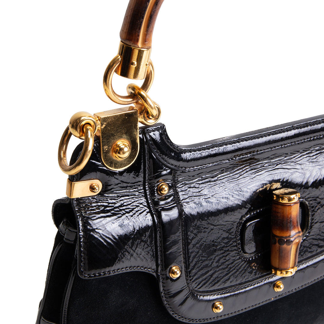 GUCCI Suede Bamboo Peggy Shoulder Bag - Black OUTLET FINAL SALE