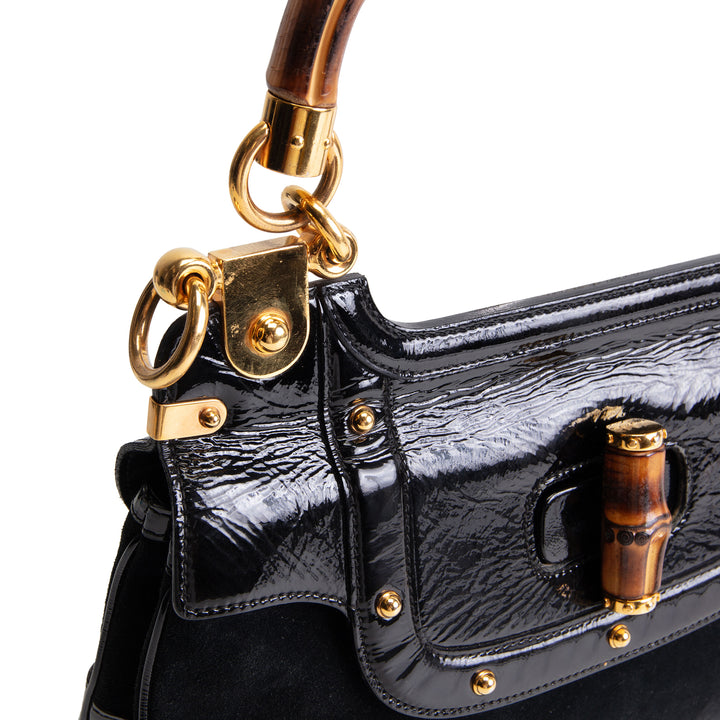 GUCCI Suede Bamboo Peggy Shoulder Bag - Black OUTLET FINAL SALE
