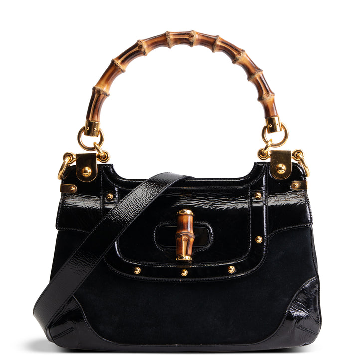 GUCCI Suede Bamboo Peggy Shoulder Bag - Black OUTLET FINAL SALE