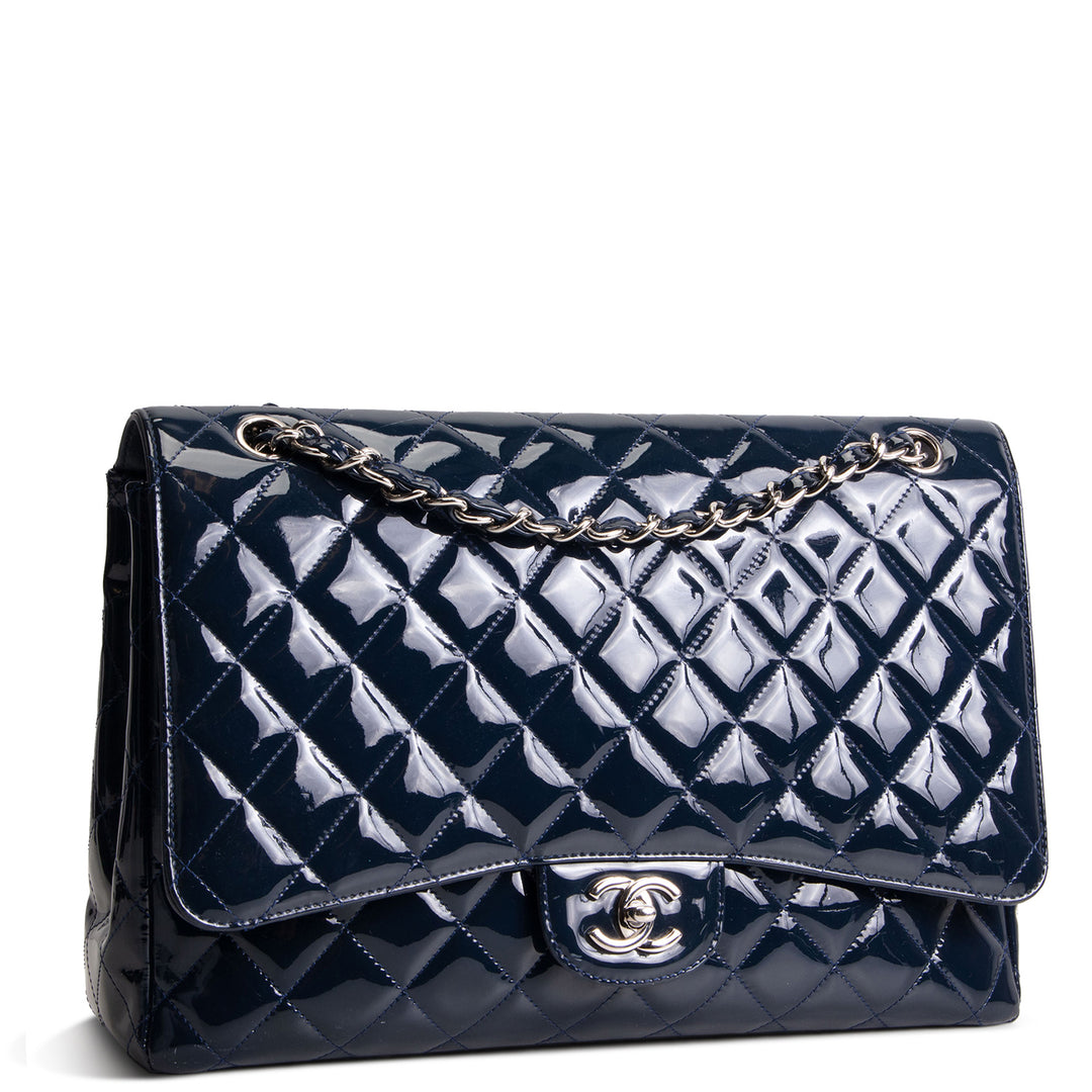 CHANEL Patent Maxi Single Flap Bag - Navy