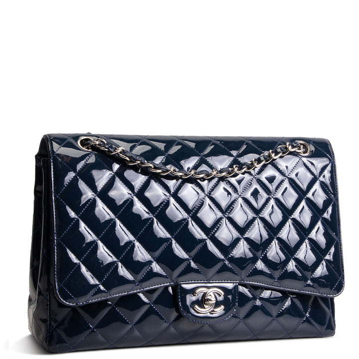CHANEL Patent Maxi Single Flap Bag - Navy