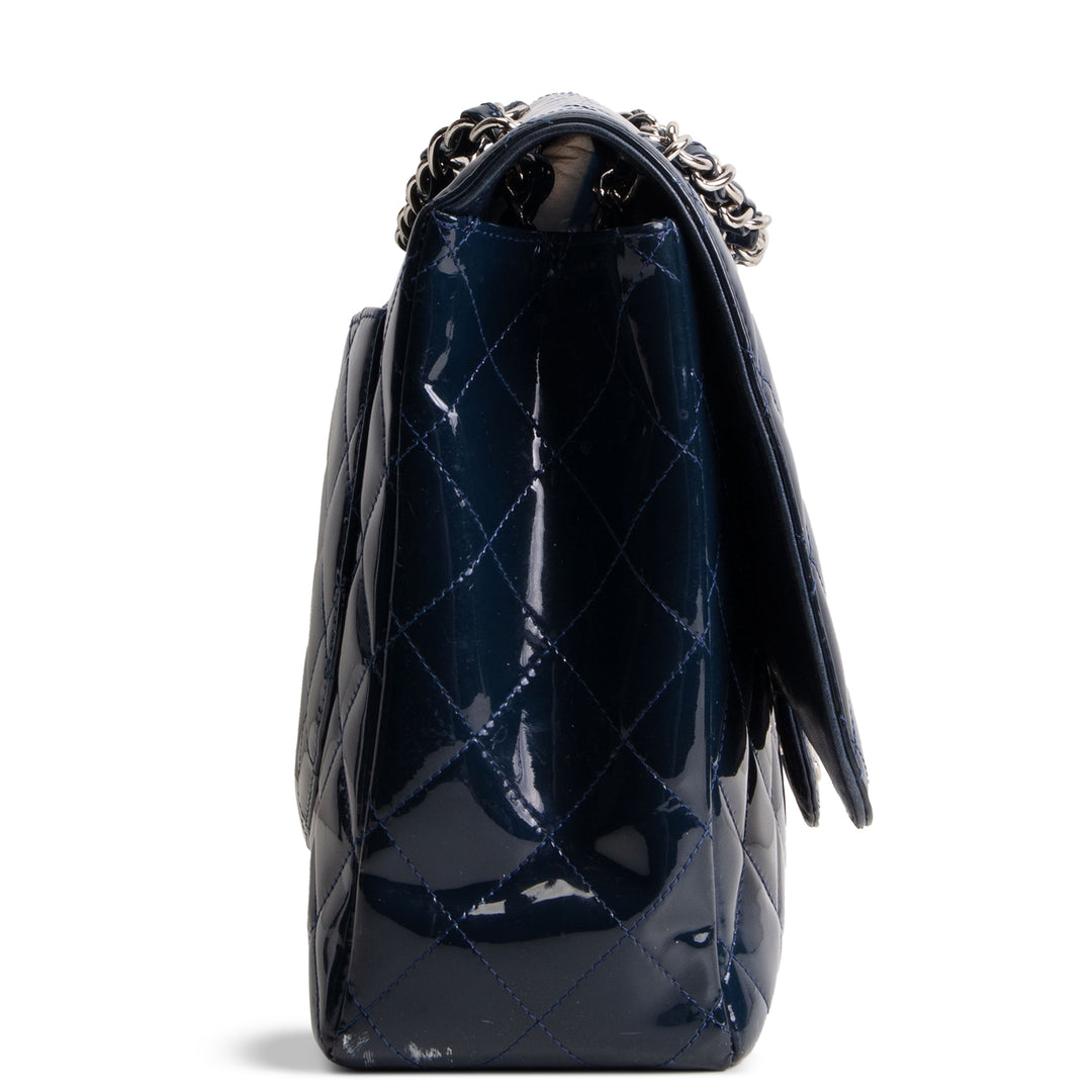 CHANEL Patent Maxi Single Flap Bag - Navy