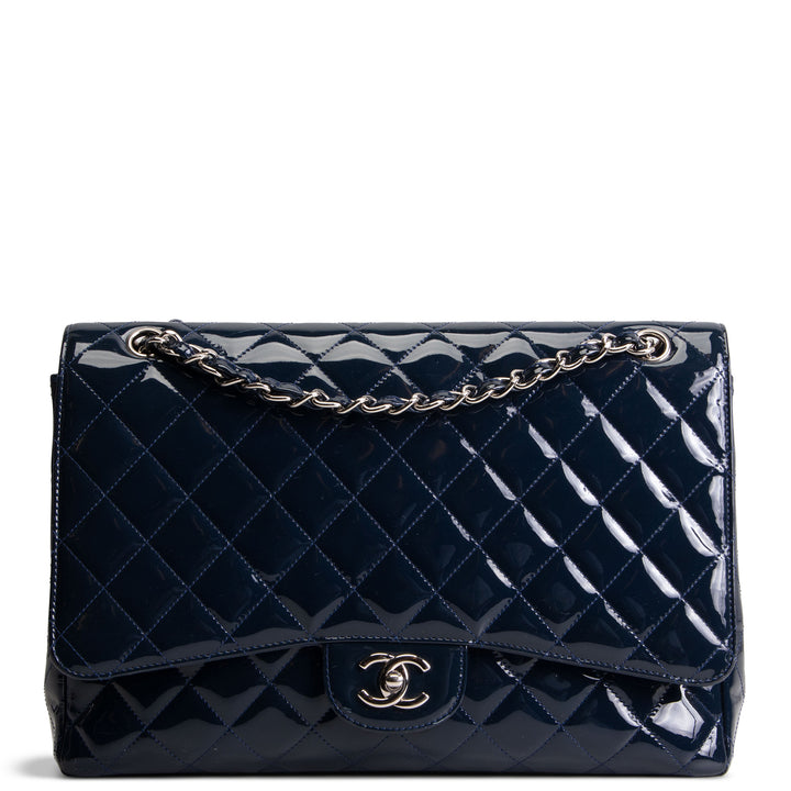CHANEL Patent Maxi Single Flap Bag - Navy