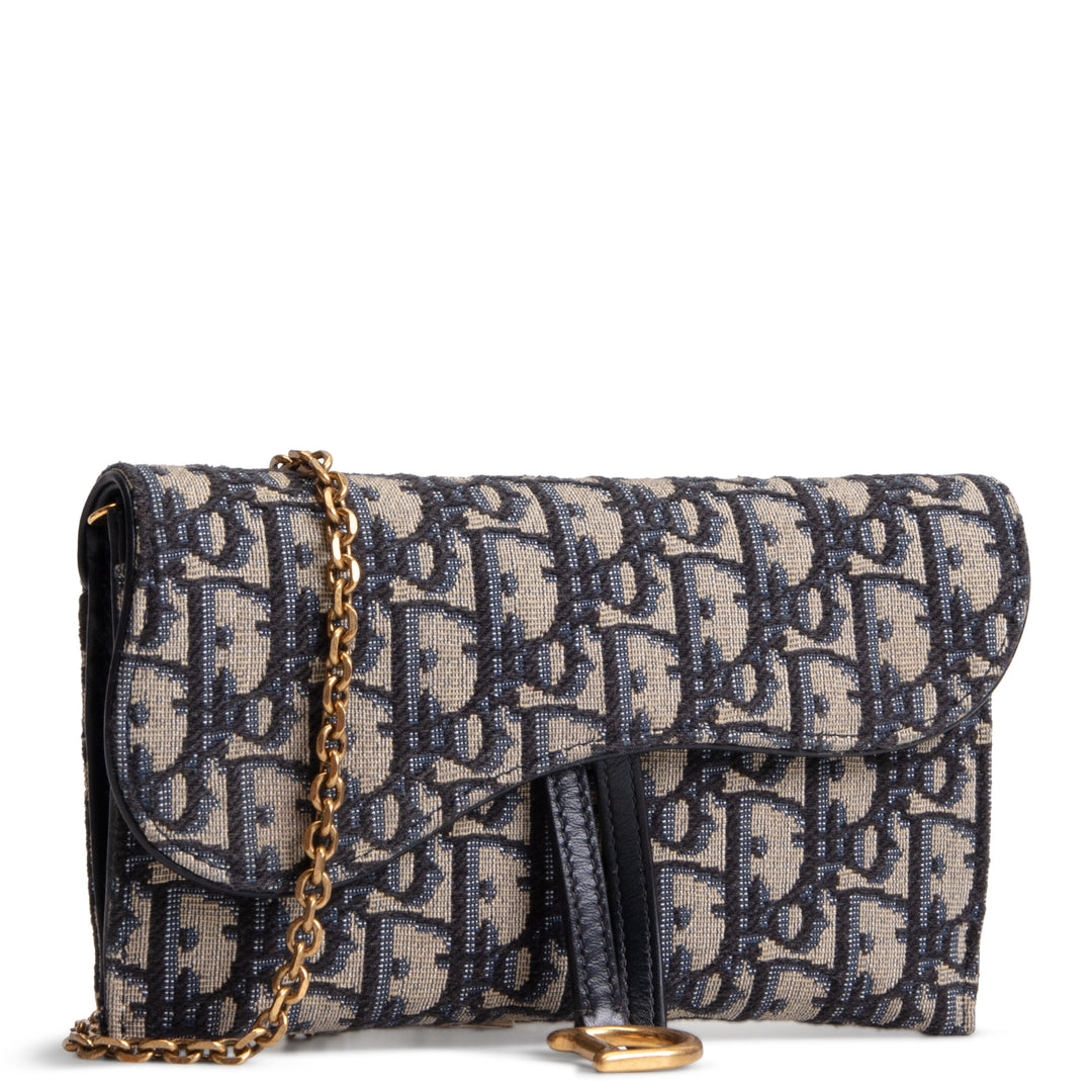 DIOR Oblique Jacquard Saddle Chain Wallet - Long - Blue