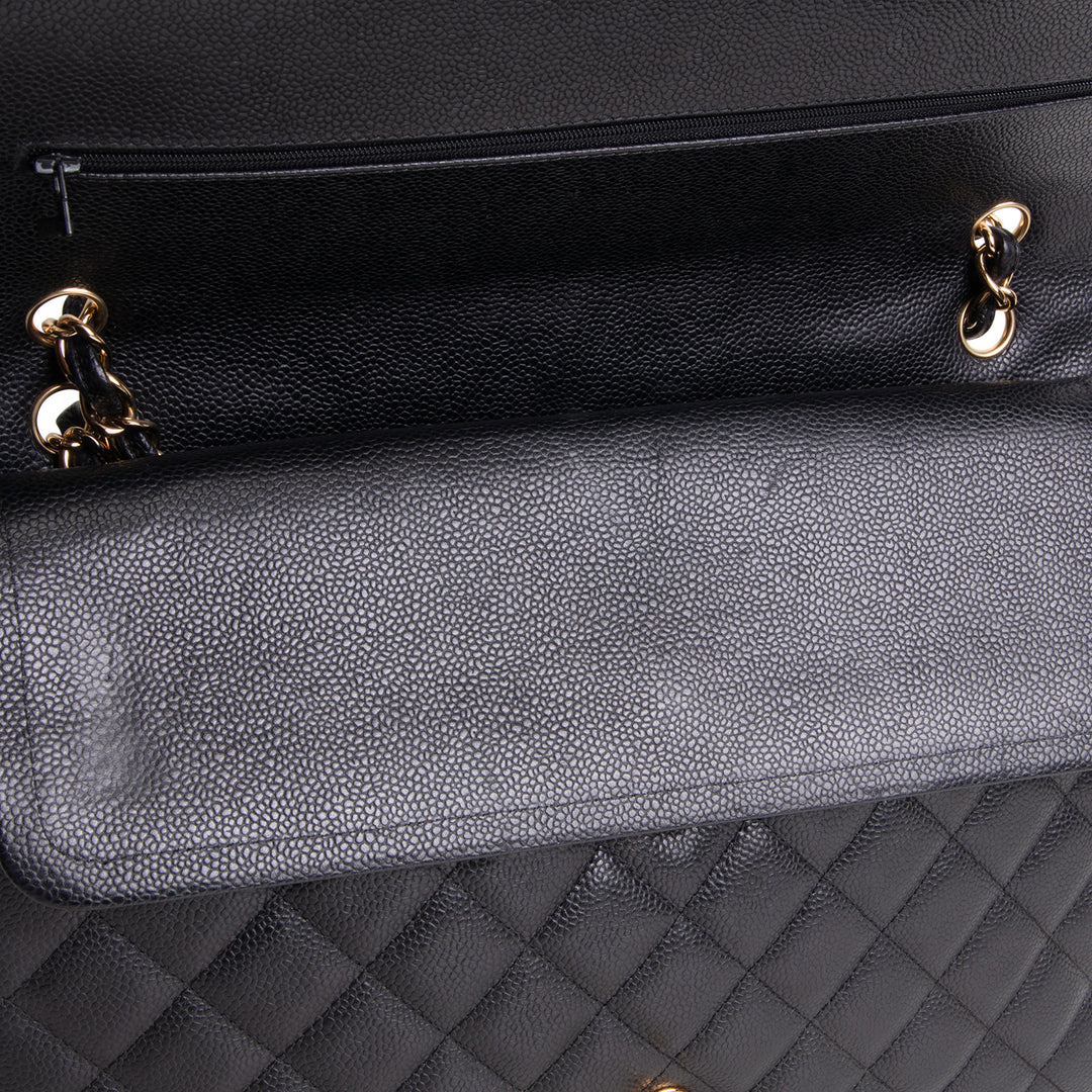 CHANEL Caviar Quilted Maxi Double Flap Shoulder Bag - Black