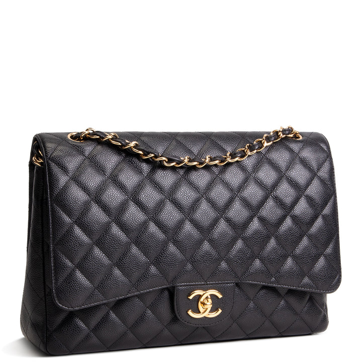 CHANEL Caviar Quilted Maxi Double Flap Shoulder Bag - Black