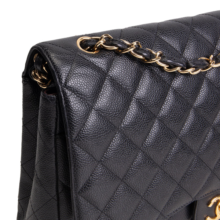 CHANEL Caviar Quilted Maxi Double Flap Shoulder Bag - Black