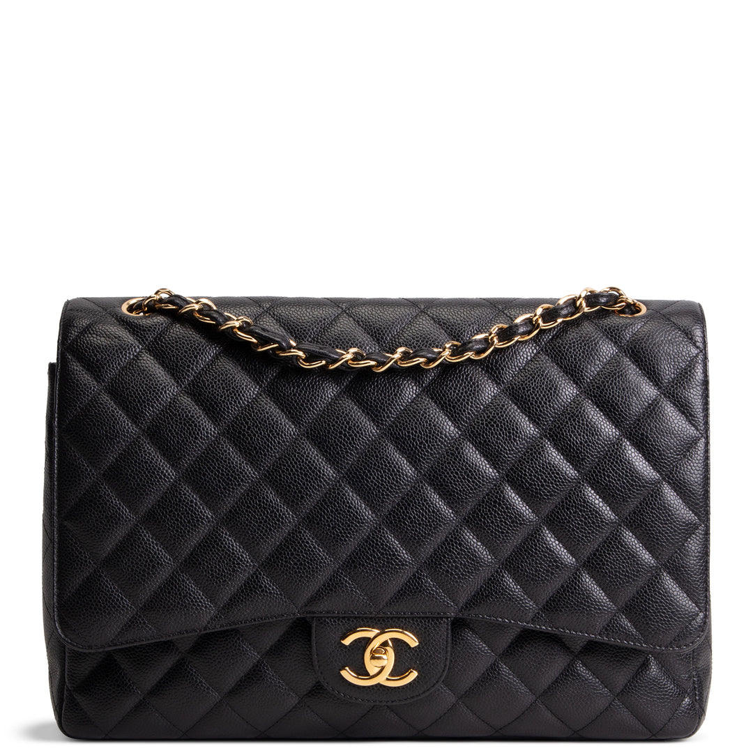 CHANEL Caviar Quilted Maxi Double Flap Shoulder Bag - Black