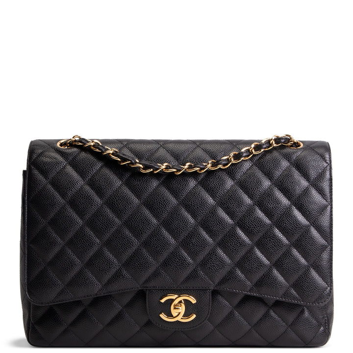 CHANEL Caviar Quilted Maxi Double Flap Shoulder Bag - Black