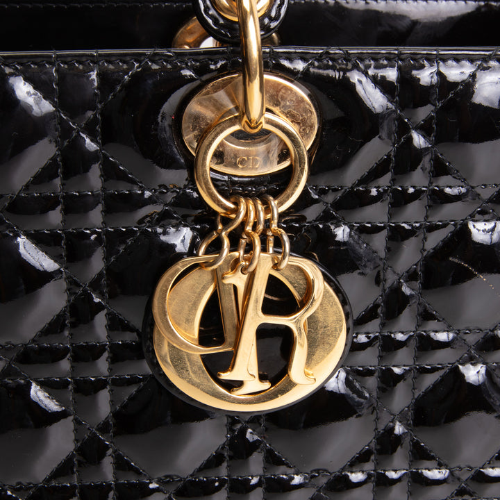 DIOR Cannage Patent Leather Lady Dior Large - Black/Gold