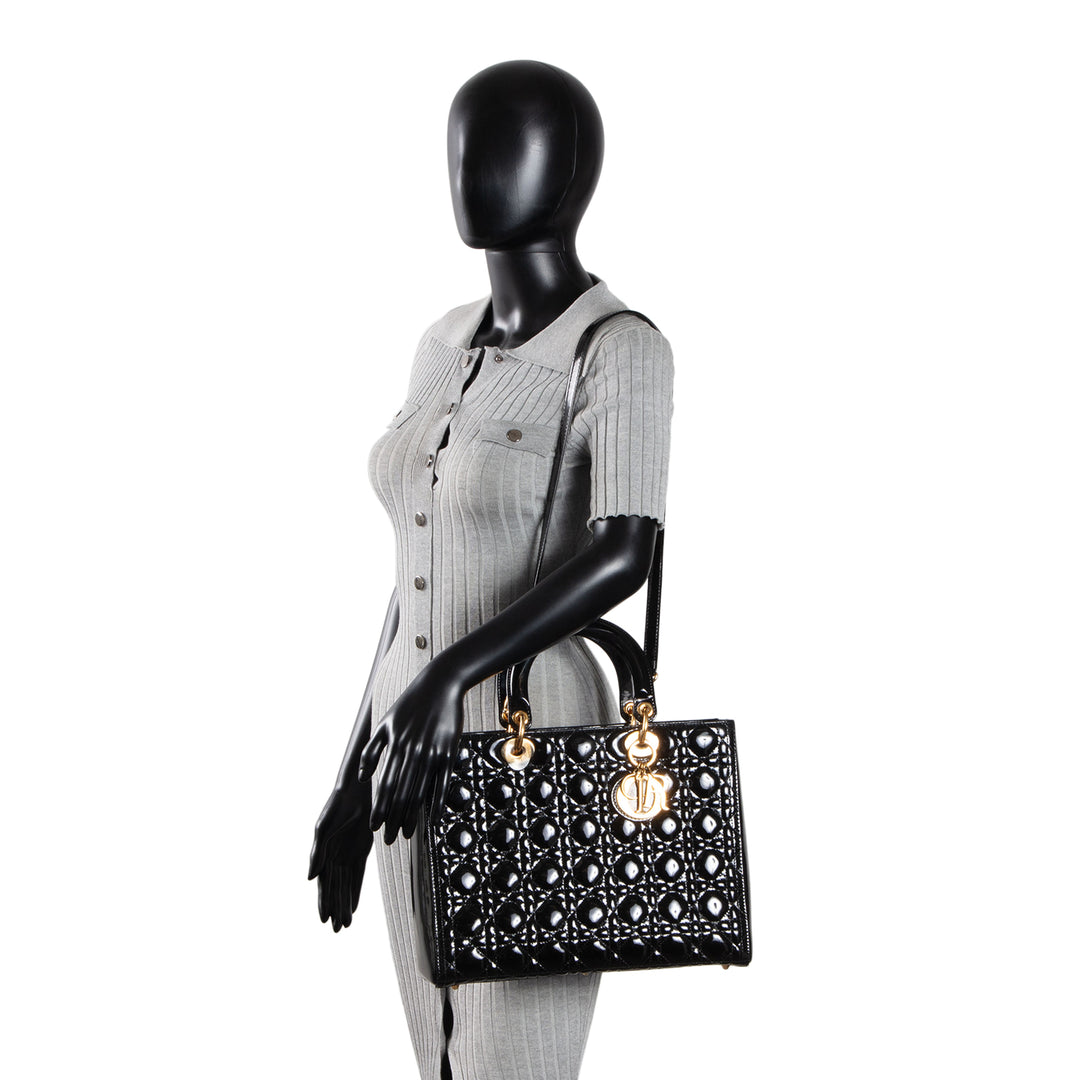 DIOR Cannage Patent Leather Lady Dior Large - Black/Gold