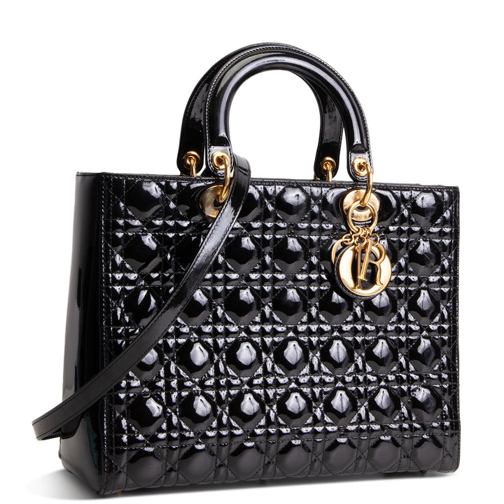 DIOR Cannage Patent Leather Lady Dior Large - Black/Gold