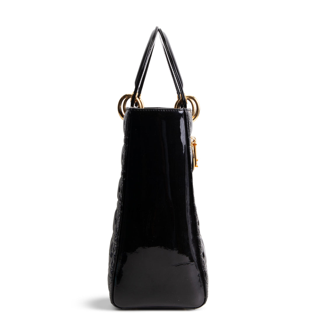 DIOR Cannage Patent Leather Lady Dior Large - Black/Gold