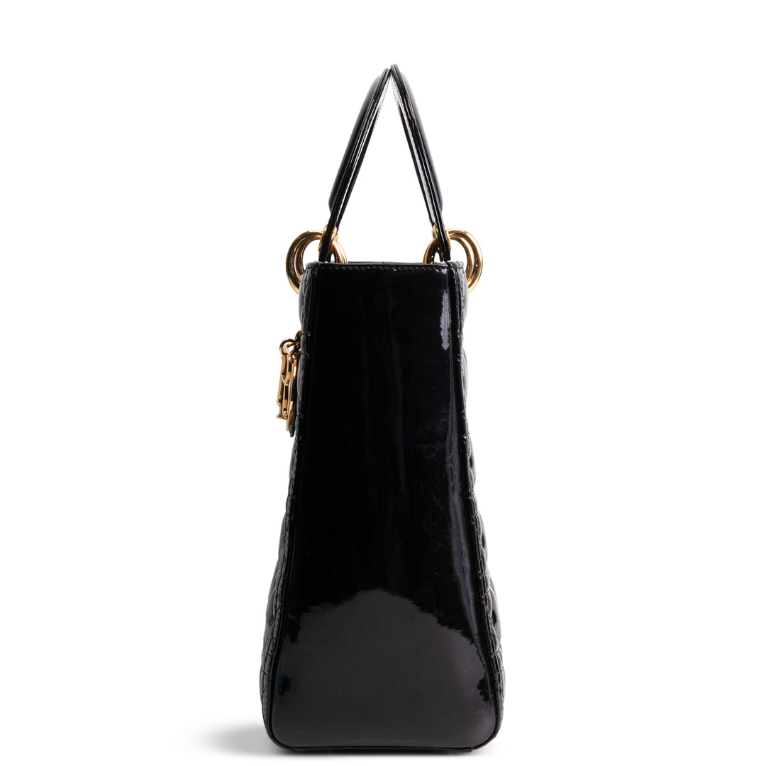 DIOR Cannage Patent Leather Lady Dior Large - Black/Gold