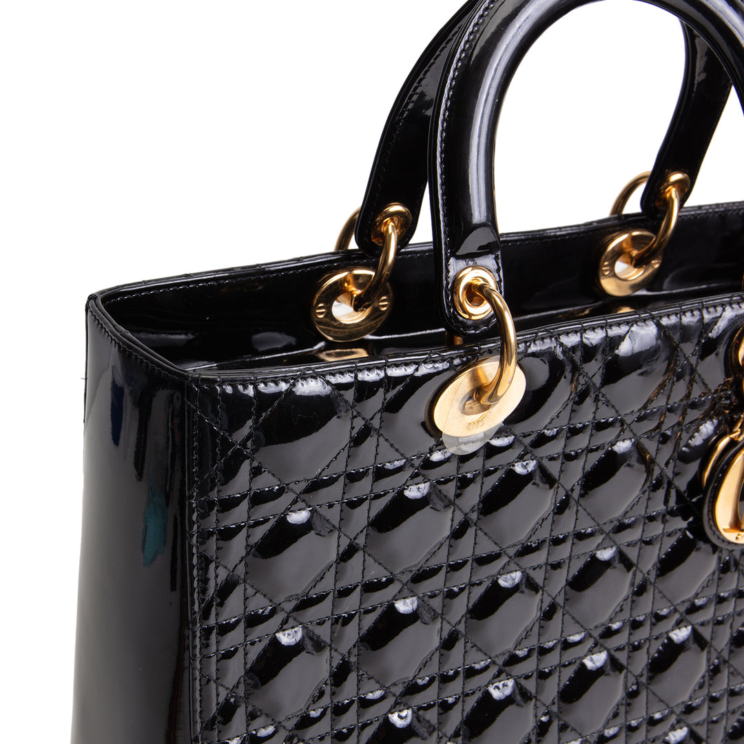 DIOR Cannage Patent Leather Lady Dior Large - Black/Gold