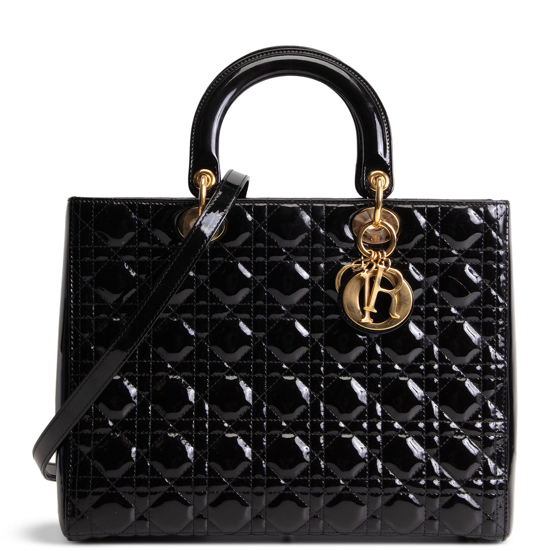DIOR Cannage Patent Leather Lady Dior Large - Black/Gold