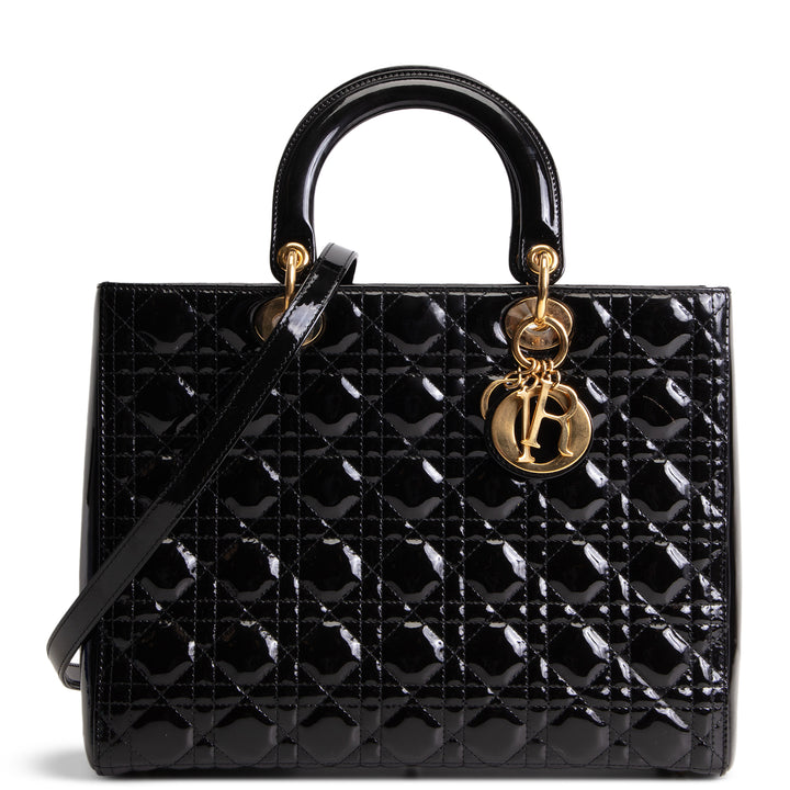 DIOR Cannage Patent Leather Lady Dior Large - Black/Gold