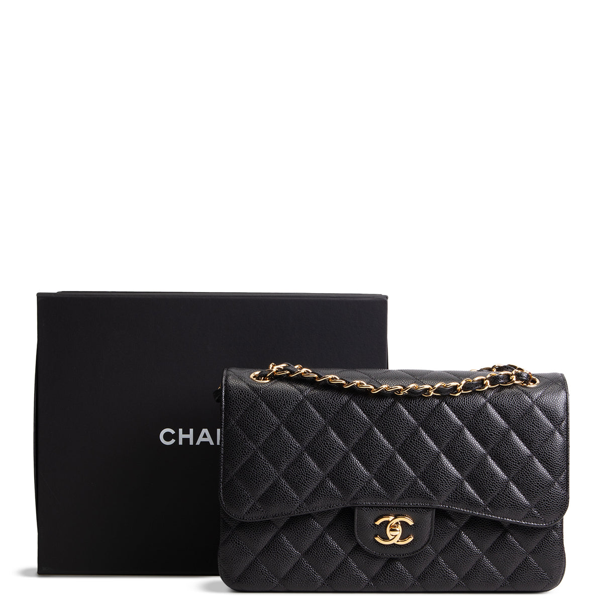 CHANEL Quilted Caviar Jumbo Double Flap Bag - Black
